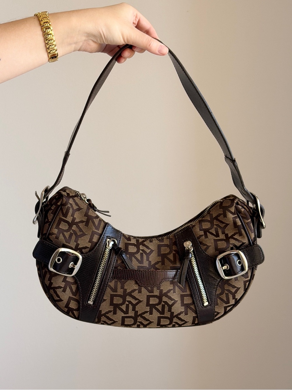 DKNY Brown Monogram Crescent Shoulder Bag with Buckle Details
